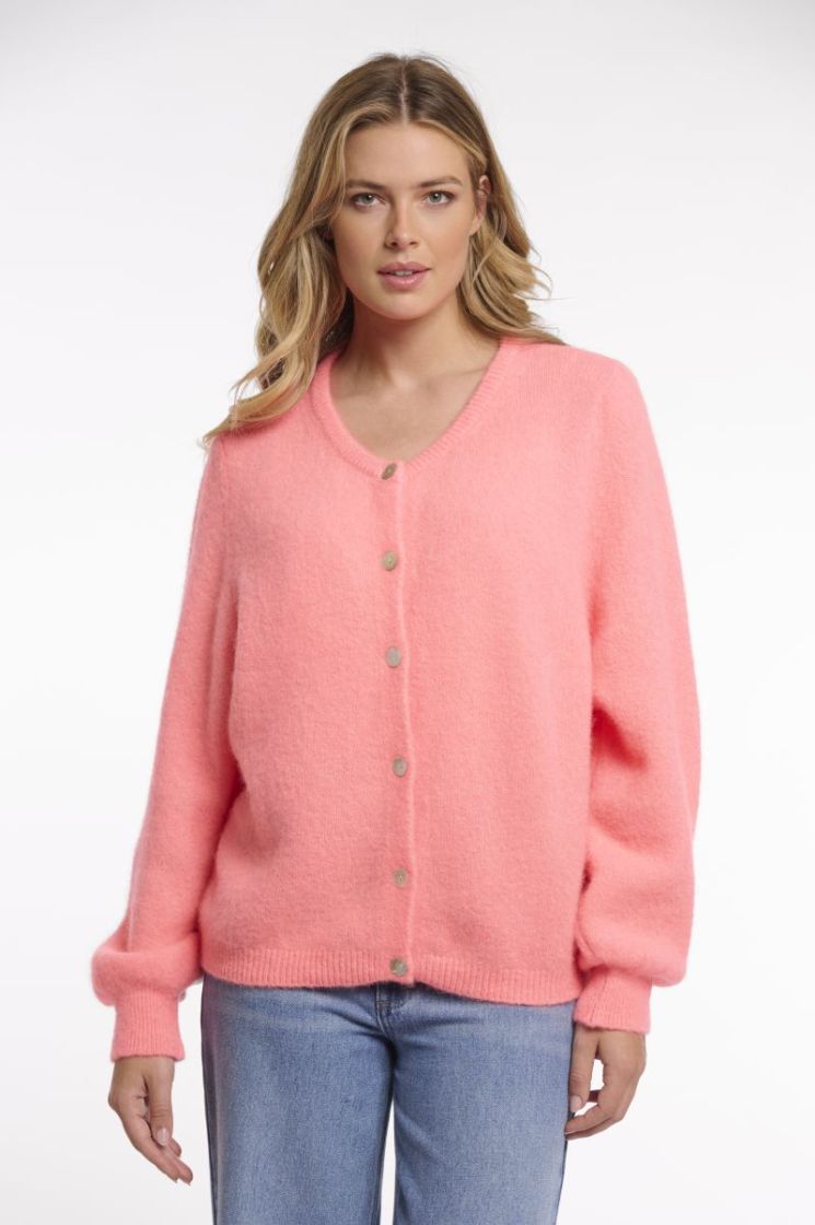 KNITTED CARDIGAN WITH BUTTON NEON CORAL